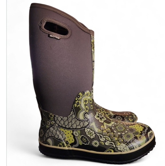 Bogs Shoes - Bogs Classic High Handle Paisley Gray Blue Green Size 12 Womens Waterproof Rain